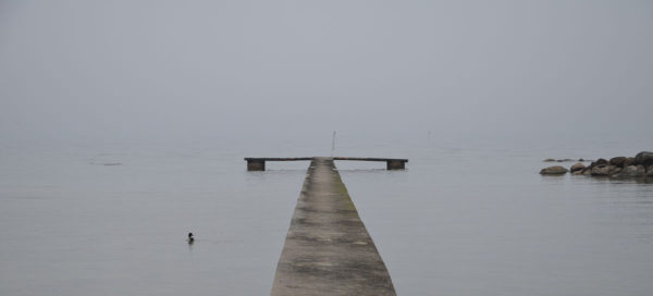 An image of a pier stretching out into the ocean. The ocean is entirely calm