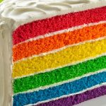 A cake with several colourful layers, from the top, red, orange, yellow, green, blue, purple.