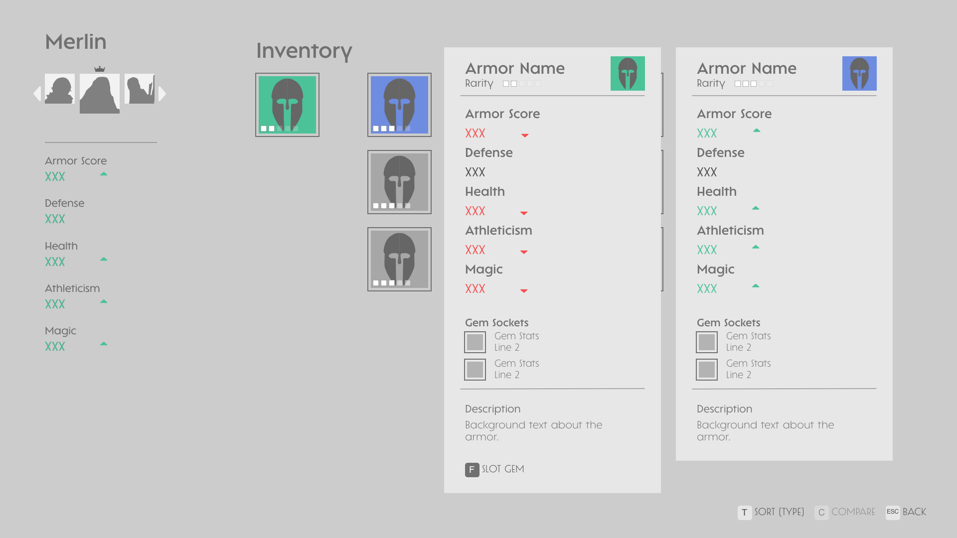 An inventory wireframe comparing two items with each other.
