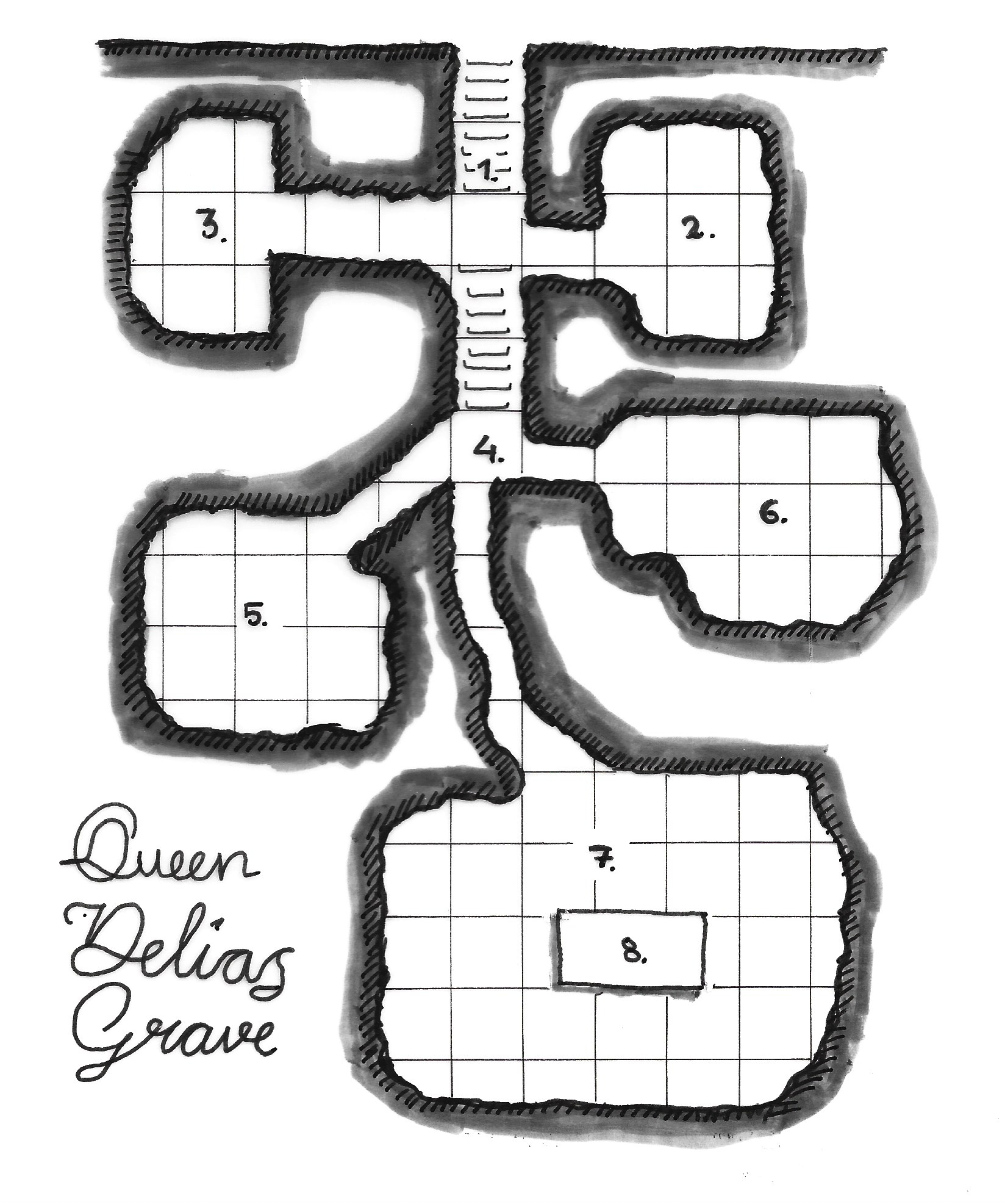 A map showing a burial mound with five chambers connected by a corridor.