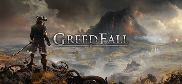 Title image for GreedFall. Illustrates a character standing on the left, looking out over a volcano.