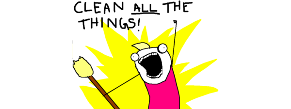 The classic image of a person standing with a broom in their hand, shouting "clean all the things!"